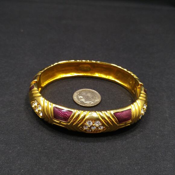 Joan Rivers Gold Plated Red Enamel Rhinestone Hinged Bracelet Vintage Jewelry - Picture 8 of 9